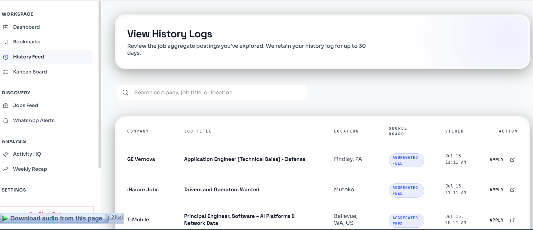 Application History – candidate audit trail screenshot